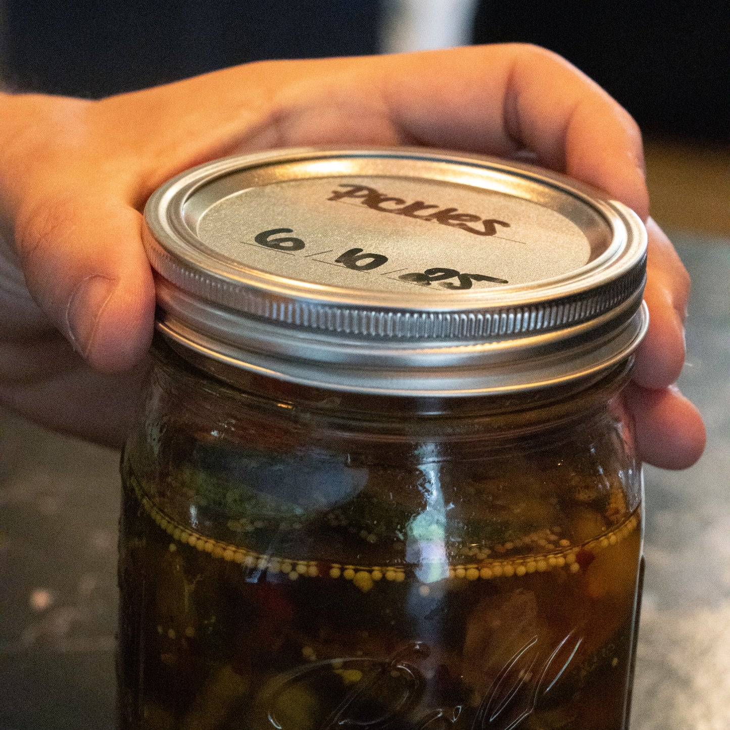Hand holding a wide-mouth glass jar filled with pickles and sealed with a metal lid and band featuring BPA-free sealing compound, ideal for Kitchen & Food, Food Preservation, and Canning collections.