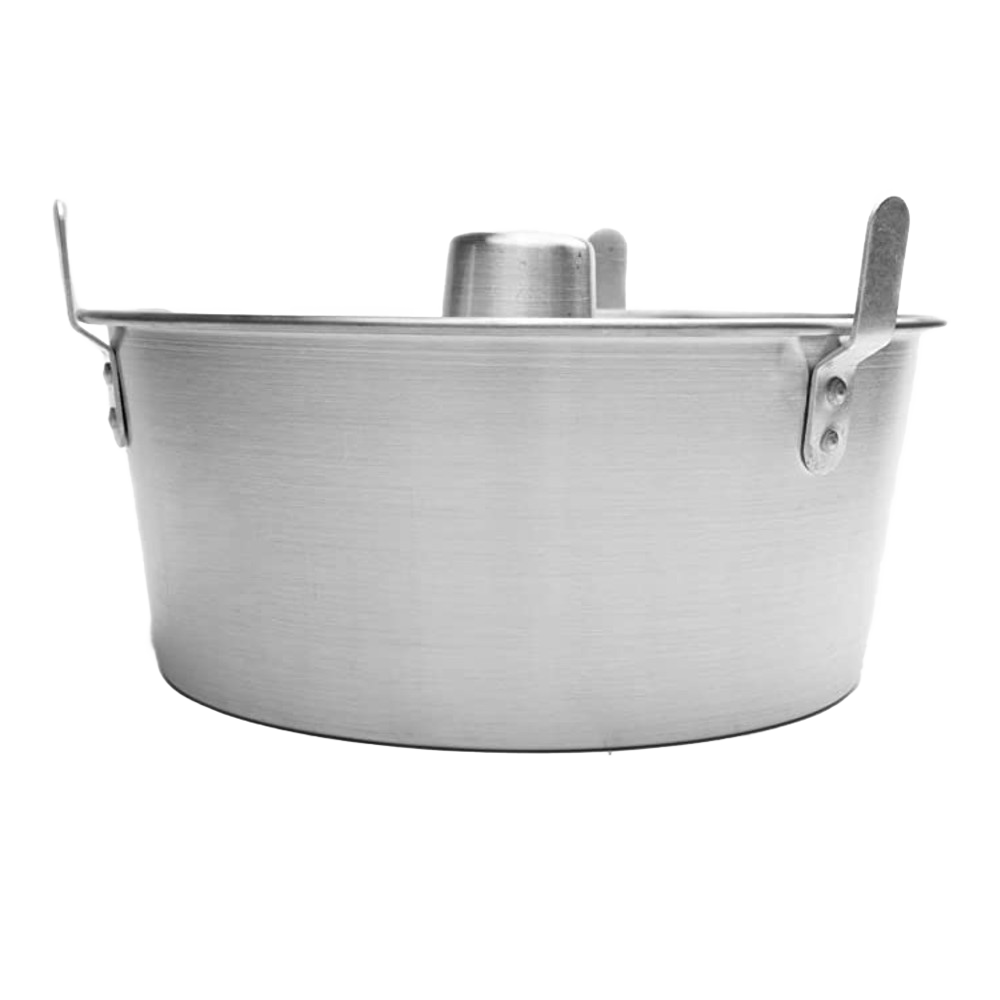 Round aluminum cake pan with removable bottom and central tube for even baking and cooling, featuring feet for stability, ideal for Kitchen & Food, Cookware, Baking Supplies, Best Sellers, and Promo Eligible collections.