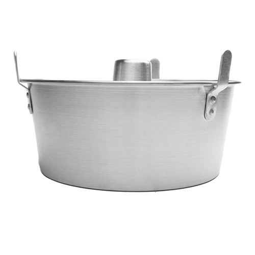 Round aluminum cake pan with removable bottom and central tube for even baking and cooling, featuring feet for stability, ideal for Kitchen & Food, Cookware, Baking Supplies, Best Sellers, and Promo Eligible collections.