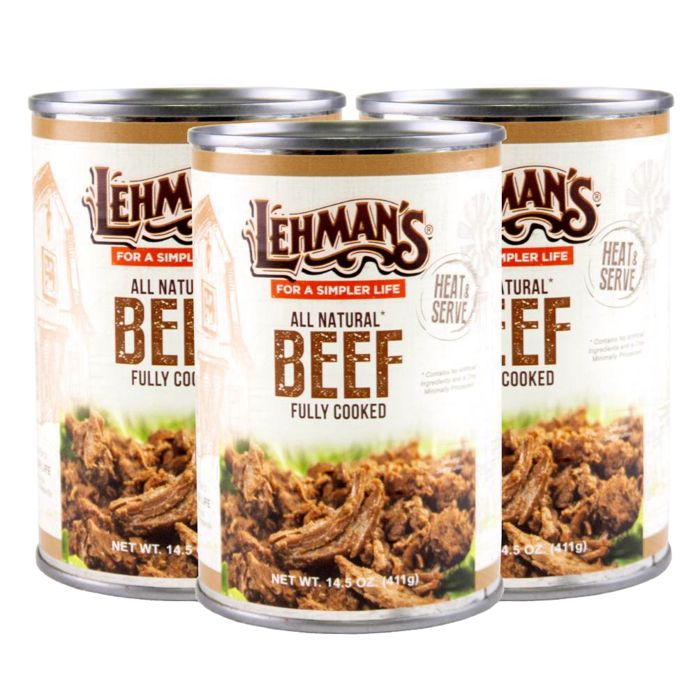 Three handcrafted cans of all natural, fully cooked beef from Lehman's, designed for Farm, Garden & Tool, Kitchen & Food, Emergency Supplies, Food, Meats, Best Sellers, and Promo Eligible collections.