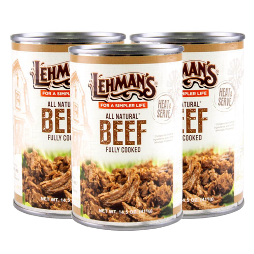 Three handcrafted cans of all natural, fully cooked beef from Lehman's, designed for Farm, Garden & Tool, Kitchen & Food, Emergency Supplies, Food, Meats, Best Sellers, and Promo Eligible collections.