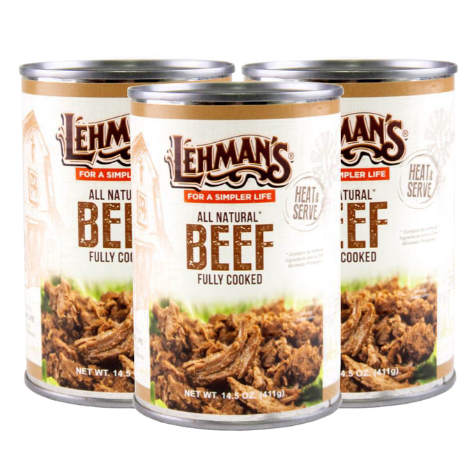 Three handcrafted cans of all natural, fully cooked beef from Lehman's, designed for Farm, Garden & Tool, Kitchen & Food, Emergency Supplies, Food, Meats, Best Sellers, and Promo Eligible collections.