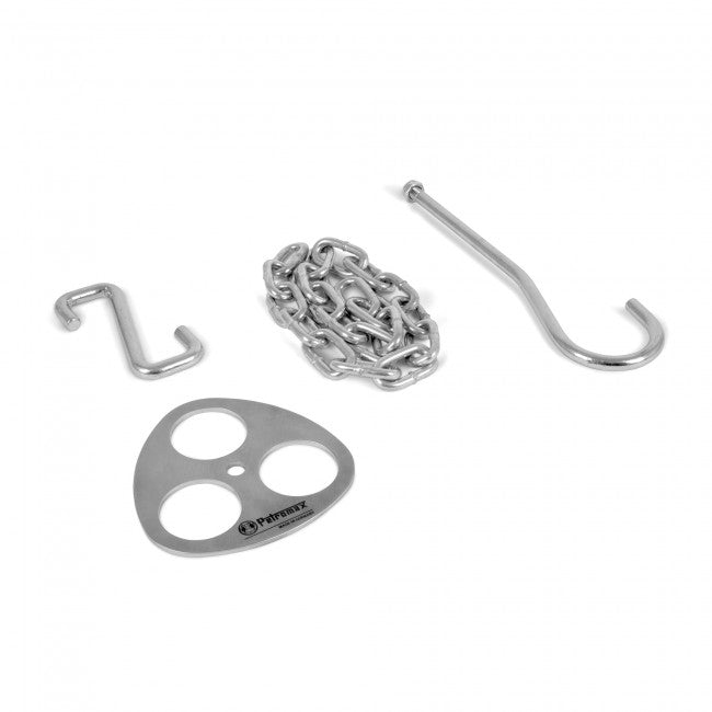 Stainless steel tripod lashing components including a lightweight disc with three openings, a chain, and two hooks, designed for building branch tripods in Farm, Garden & Tool, Camping, Best Sellers, and Promo Eligible collections.