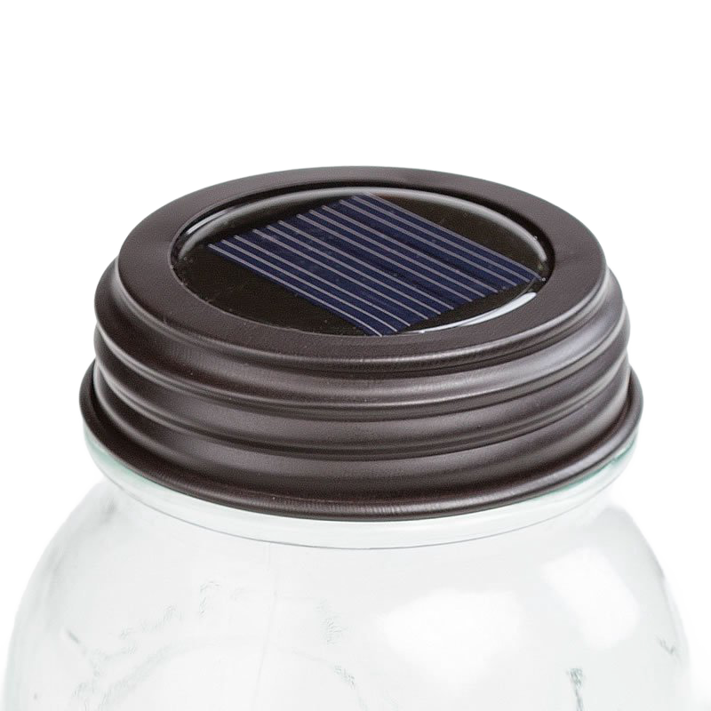 Rustic brown solar jar lid with integrated solar panel designed to fit standard mason jars, providing eco-friendly lighting for Home & Decor, Best Sellers, and Promo Eligible collections.