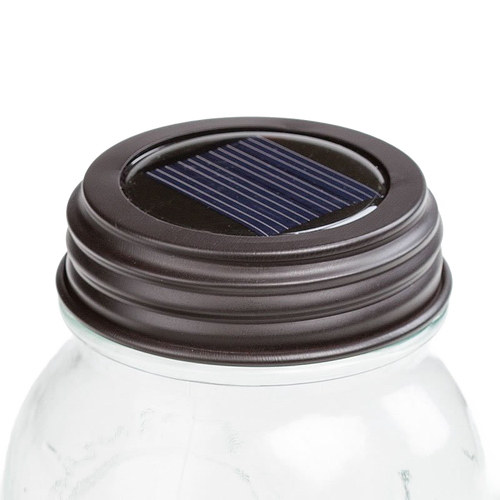 Rustic brown solar jar lid with integrated solar panel designed to fit standard mason jars, providing eco-friendly lighting for Home & Decor, Best Sellers, and Promo Eligible collections.