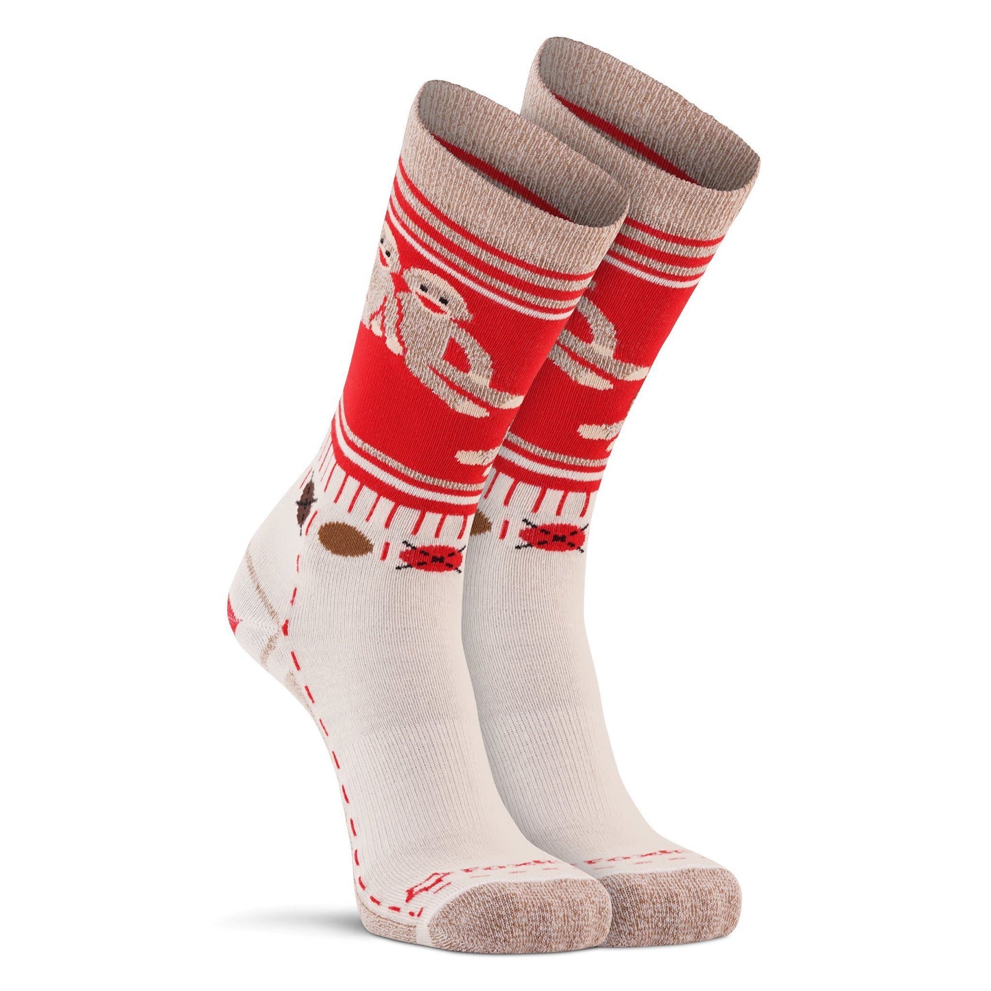 Pair of handcrafted crew-length socks with playful monkey design in red and cream, made from soft sustainable Merion wool with arch support and memory knit for comfort, featured in Health & Wellness, Clothing and Accessories, Best Sellers, and Promo Eligible collections.