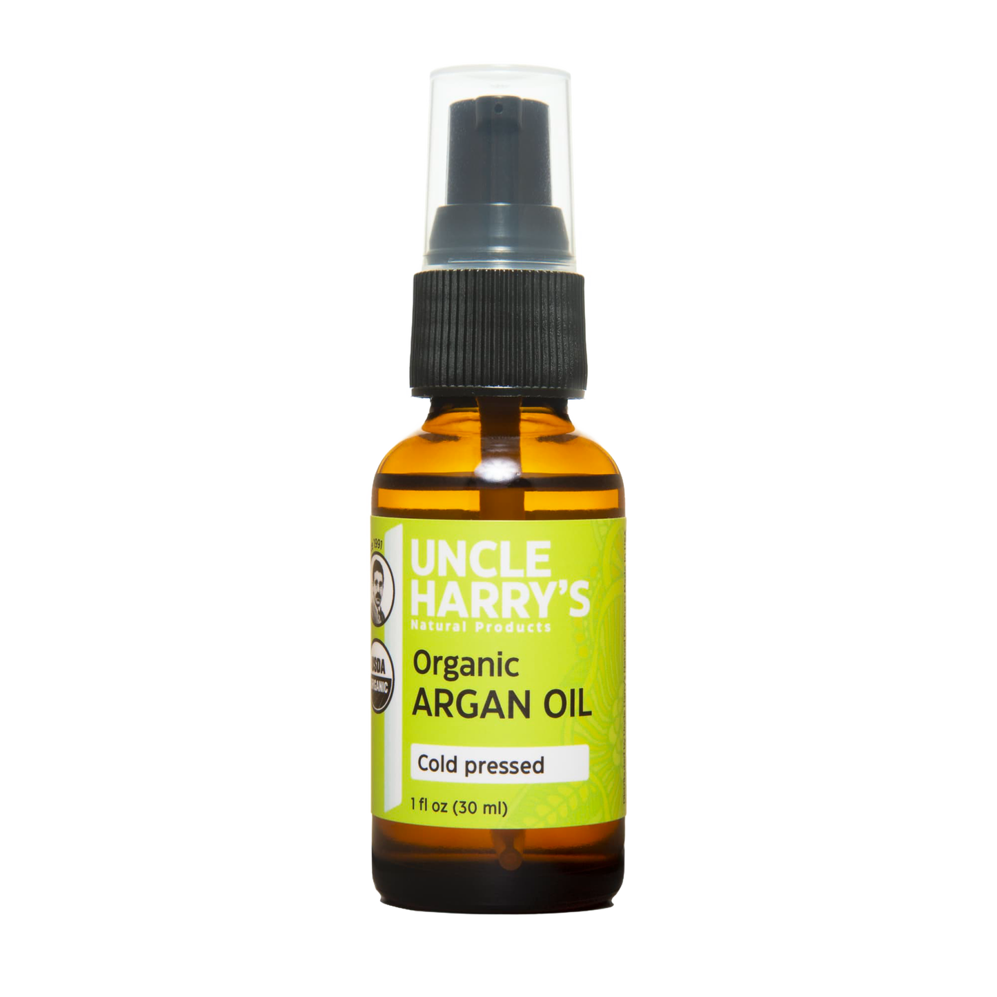 Handcrafted 1oz amber glass bottle of cold-pressed organic argan oil with a black pump, ideal for health and wellness, grooming, and personal hygiene, USA made best seller.