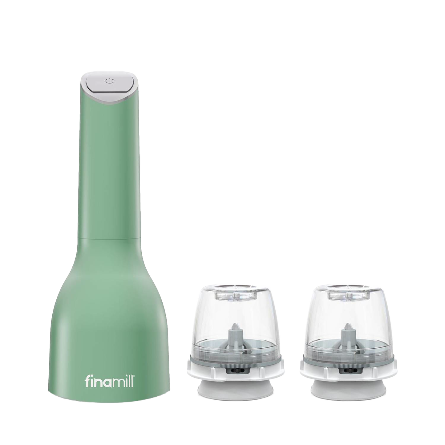 Matte green electric spice grinder with two clear interchangeable grinding pods designed for one-handed use, ideal for Kitchen & Food, Kitchen Gadgets, Kitchen Accessories, Best Sellers, and Promo Eligible collections.
