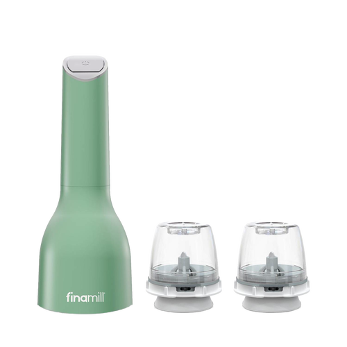 Matte green electric spice grinder with two clear interchangeable grinding pods designed for one-handed use, ideal for Kitchen & Food, Kitchen Gadgets, Kitchen Accessories, Best Sellers, and Promo Eligible collections.