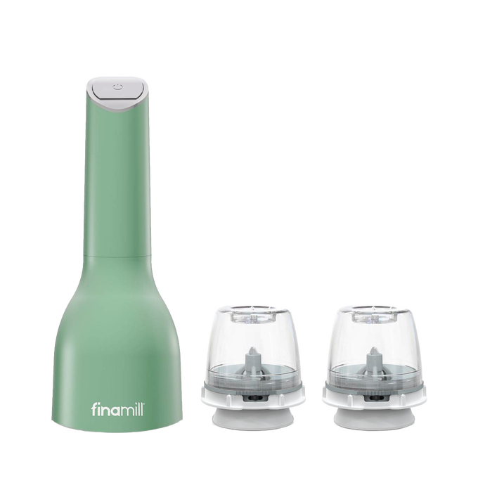 Matte green electric spice grinder with two clear interchangeable grinding pods designed for one-handed use, ideal for Kitchen & Food, Kitchen Gadgets, Kitchen Accessories, Best Sellers, and Promo Eligible collections.