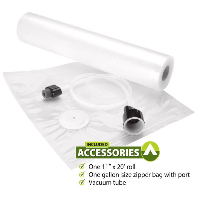 Clear vacuum sealer roll with hose, white round valve, and black adapter parts for airtight food preservation, ideal for Kitchen & Food, Food Preservation, Freezing, Best Sellers, and Promo Eligible collections.