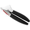 Garlic press with soft, non-slip black handles and large crushing chamber, designed for comfortable use and efficient garlic preparation in kitchen gadget and cooking helper collections.