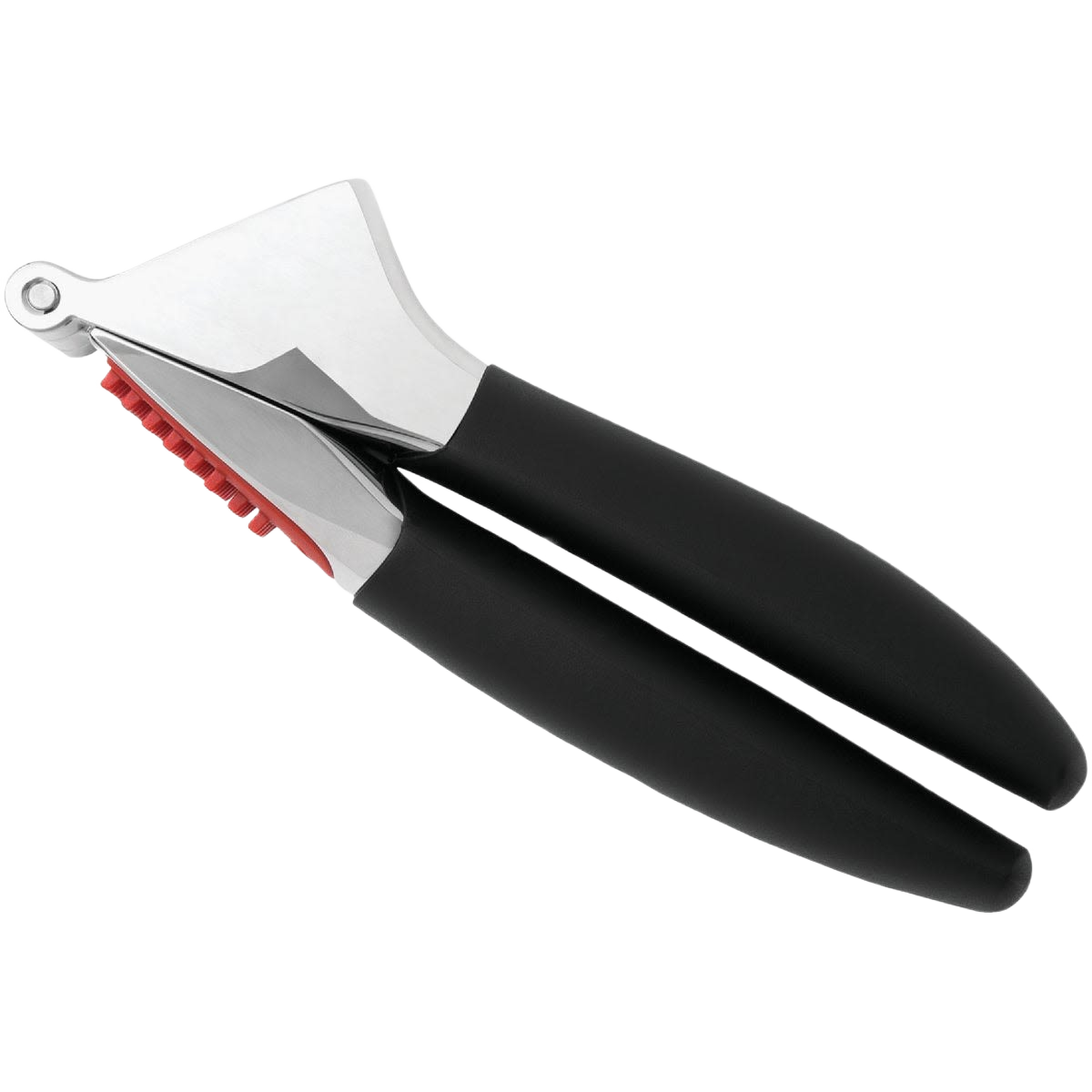 Garlic press with soft, non-slip black handles and large crushing chamber, designed for comfortable use and efficient garlic preparation in kitchen gadget and cooking helper collections.