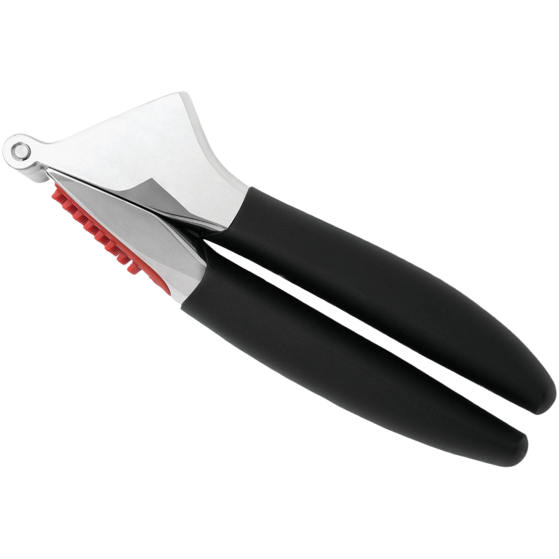 Garlic press with soft, non-slip black handles and large crushing chamber, designed for comfortable use and efficient garlic preparation in kitchen gadget and cooking helper collections.