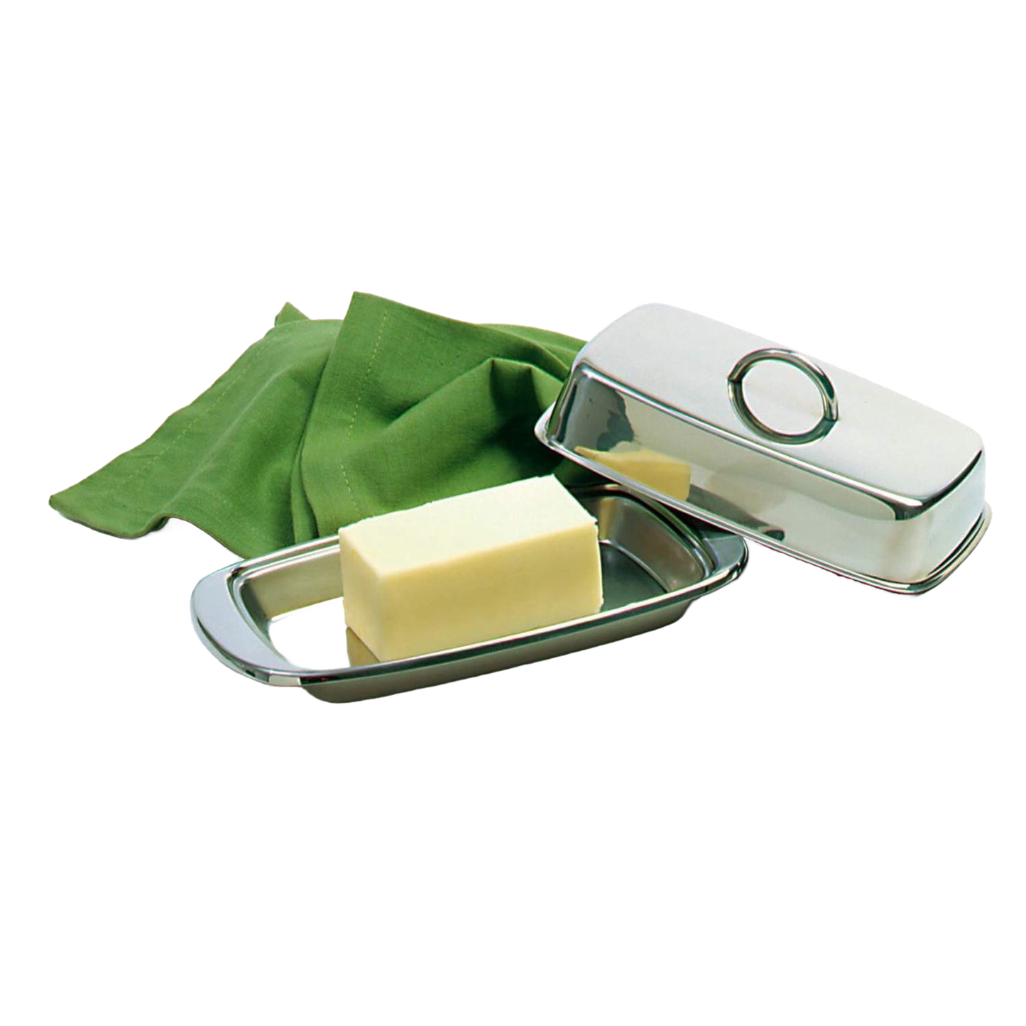 Polished stainless steel butter dish with matching cover and handle, accommodates two butter sticks or one block of cream cheese, ideal for Kitchen & Food and Specialty Equipment collections.