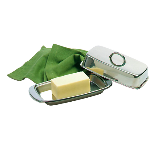 Polished stainless steel butter dish with matching cover and handle, accommodates two butter sticks or one block of cream cheese, ideal for Kitchen & Food and Specialty Equipment collections.