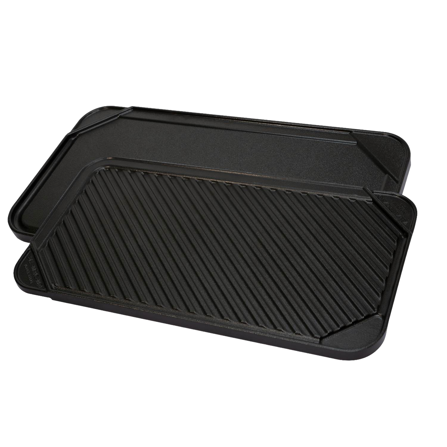 Reversible double burner grill and griddle pan with ribbed grilling surface and smooth griddle side, handcrafted and made in USA, perfect for Kitchen & Food, Cookware, and Best Sellers collections.