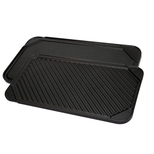 Reversible double burner grill and griddle pan with ribbed grilling surface and smooth griddle side, handcrafted and made in USA, perfect for Kitchen & Food, Cookware, and Best Sellers collections.