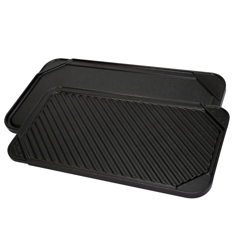 Reversible double burner grill and griddle pan with ribbed grilling surface and smooth griddle side, handcrafted and made in USA, perfect for Kitchen & Food, Cookware, and Best Sellers collections.