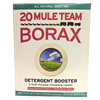 Box of 20 Mule Team Borax detergent booster and multi-purpose household cleaner with vintage design, highlighting stain removal and odor neutralizing, ideal for laundry supplies and home use.
