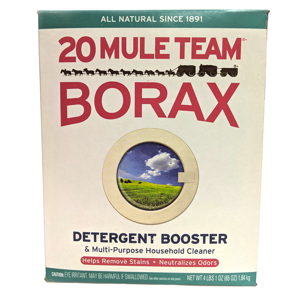 Box of 20 Mule Team Borax detergent booster and multi-purpose household cleaner with vintage design, highlighting stain removal and odor neutralizing, ideal for laundry supplies and home use.