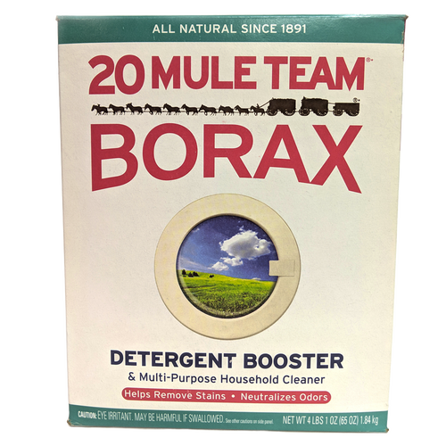 Box of 20 Mule Team Borax detergent booster and multi-purpose household cleaner with vintage design, highlighting stain removal and odor neutralizing, ideal for laundry supplies and home use.