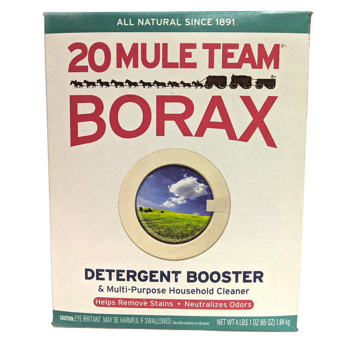 Box of 20 Mule Team Borax detergent booster and multi-purpose household cleaner with vintage design, highlighting stain removal and odor neutralizing, ideal for laundry supplies and home use.