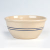 Handmade cream stoneware mixing bowl with two blue stripes, crafted in the USA, suitable for Kitchen & Food, Cookware, Baking Supplies, and Holiday Hosting collections.
