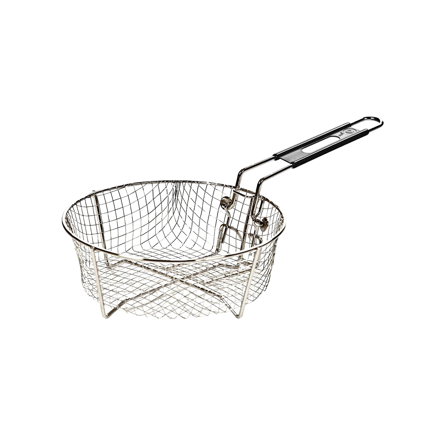 Round commercial-grade deep fry basket with sturdy wire mesh and folding handle, designed for use with cast iron cookware in Kitchen & Food, Cookware, Cast Iron, and Kitchen Gadgets collections.