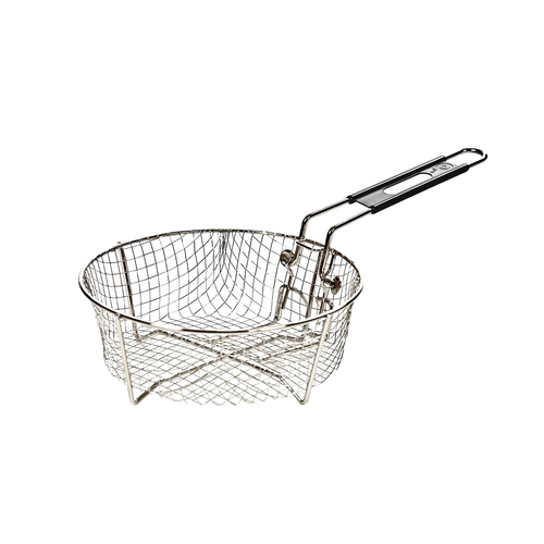 Round commercial-grade deep fry basket with sturdy wire mesh and folding handle, designed for use with cast iron cookware in Kitchen & Food, Cookware, Cast Iron, and Kitchen Gadgets collections.