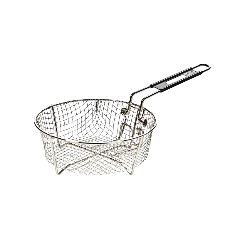 Round commercial-grade deep fry basket with sturdy wire mesh and folding handle, designed for use with cast iron cookware in Kitchen & Food, Cookware, Cast Iron, and Kitchen Gadgets collections.