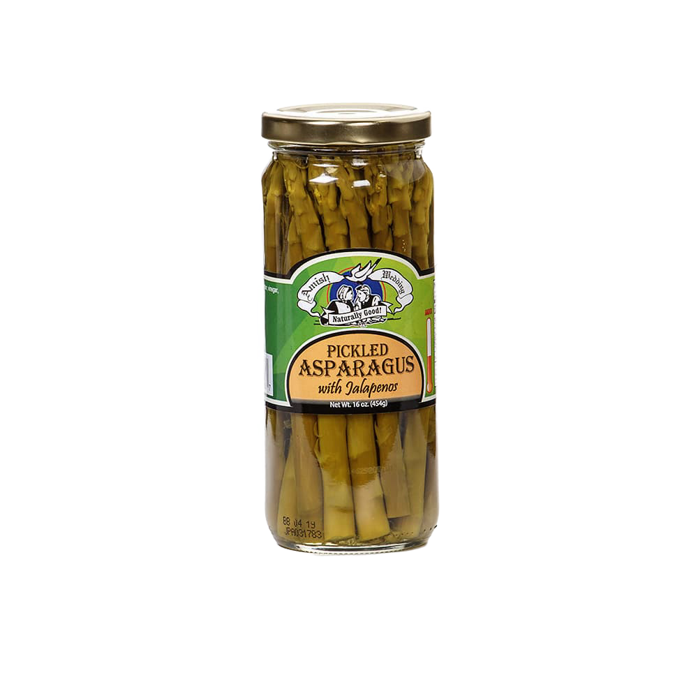 Glass jar of handcrafted pickled asparagus with jalapenos, made in USA, offering a tangy and mildly spicy flavor perfect for Kitchen & Food, Pantry, and Best Sellers collections.