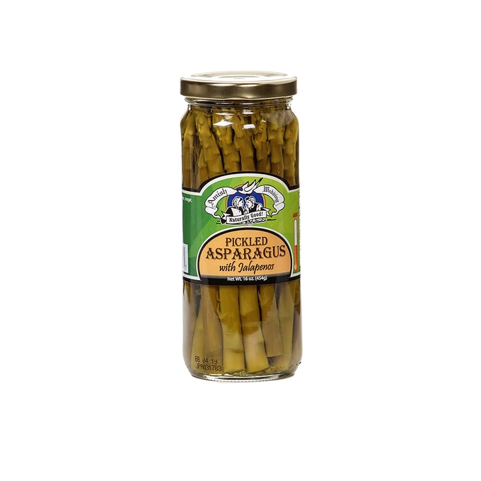Glass jar of handcrafted pickled asparagus with jalapenos, made in USA, offering a tangy and mildly spicy flavor perfect for Kitchen & Food, Pantry, and Best Sellers collections.