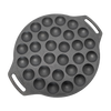 Handcrafted cast iron pan with 30 round molds, designed for making mini pancakes, featuring two handles for safe use, ideal for camping and kitchen cookware collections.