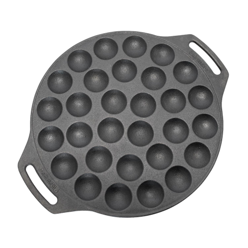 Handcrafted cast iron pan with 30 round molds, designed for making mini pancakes, featuring two handles for safe use, ideal for camping and kitchen cookware collections.