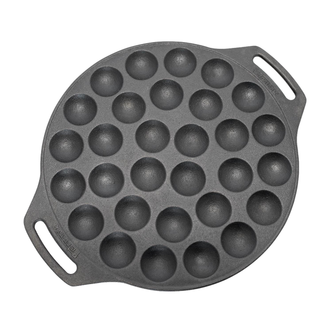 Handcrafted cast iron pan with 30 round molds, designed for making mini pancakes, featuring two handles for safe use, ideal for camping and kitchen cookware collections.