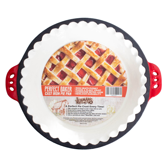 Handcrafted cast iron pie pan with decorative crimped edges and red handles, designed for even heating and durability, ideal for Kitchen & Food, Cookware, Cast Iron, Baking Supplies, Best Sellers, and Promo Eligible collections.
