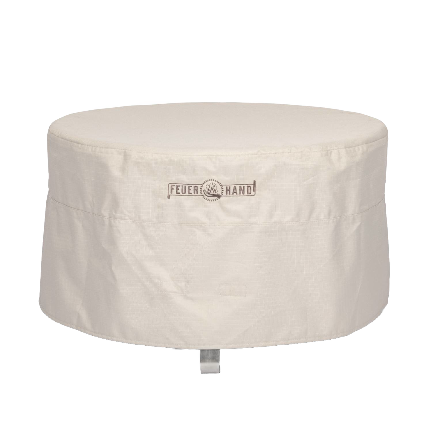 Beige weather-resistant ripstop fabric cover for outdoor fire bowls with full-length zipper and hook, suitable for camping and farm use, featured in lamps and lighting collections.