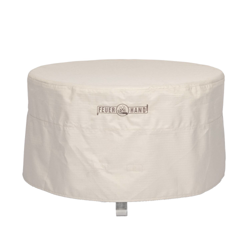 Beige weather-resistant ripstop fabric cover for outdoor fire bowls with full-length zipper and hook, suitable for camping and farm use, featured in lamps and lighting collections.