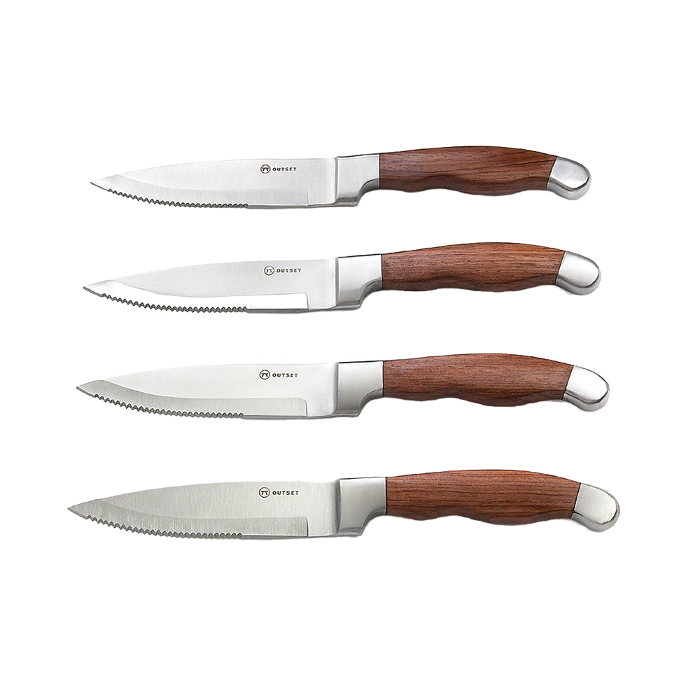 Set of four jumbo steak knives with razor-sharp serrated stainless steel blades and finely crafted rosewood handles, part of Kitchen & Food, Knives & Axes, and Food Prep collections.