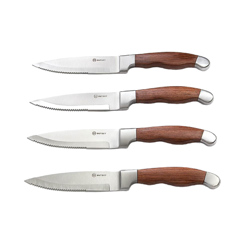 Set of four jumbo steak knives with razor-sharp serrated stainless steel blades and finely crafted rosewood handles, part of Kitchen & Food, Knives & Axes, and Food Prep collections.