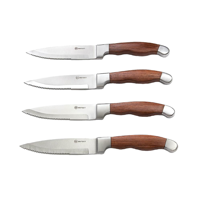 Set of four jumbo steak knives with razor-sharp serrated stainless steel blades and finely crafted rosewood handles, part of Kitchen & Food, Knives & Axes, and Food Prep collections.