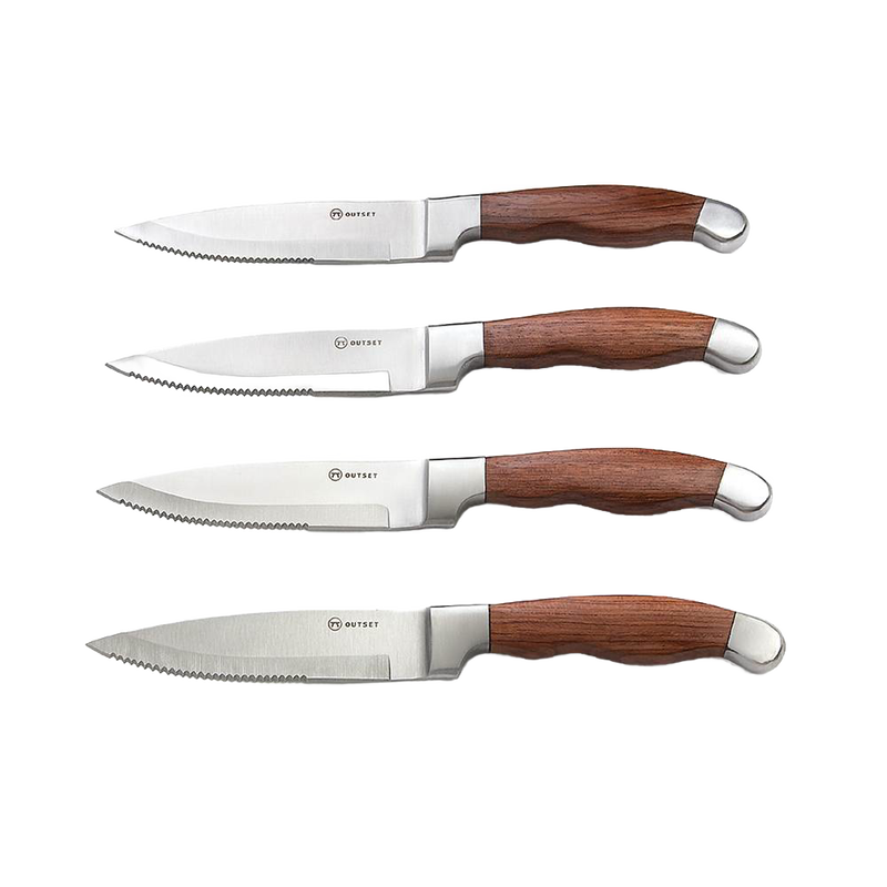 Set of four jumbo steak knives with razor-sharp serrated stainless steel blades and finely crafted rosewood handles, part of Kitchen & Food, Knives & Axes, and Food Prep collections.