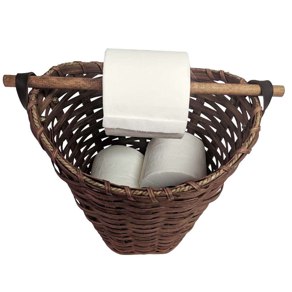 Handwoven maple wood basket with a birch dowel rod for dispensing toilet paper, handcrafted by Amish artisans in the USA, holds three rolls inside and one on the rod, ideal for Home & Decor and Household Helpers collections.