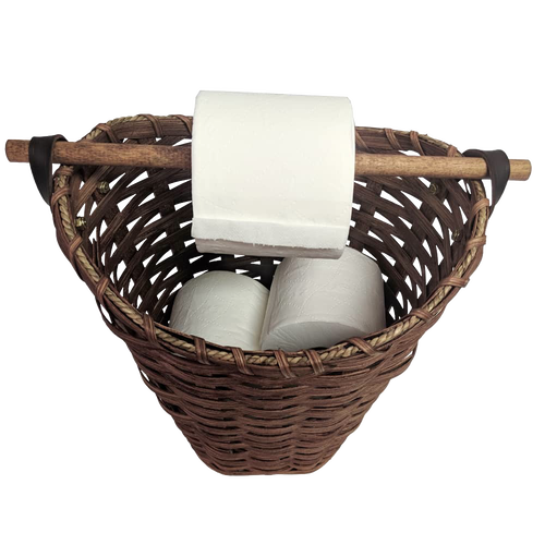 Handwoven maple wood basket with a birch dowel rod for dispensing toilet paper, handcrafted by Amish artisans in the USA, holds three rolls inside and one on the rod, ideal for Home & Decor and Household Helpers collections.