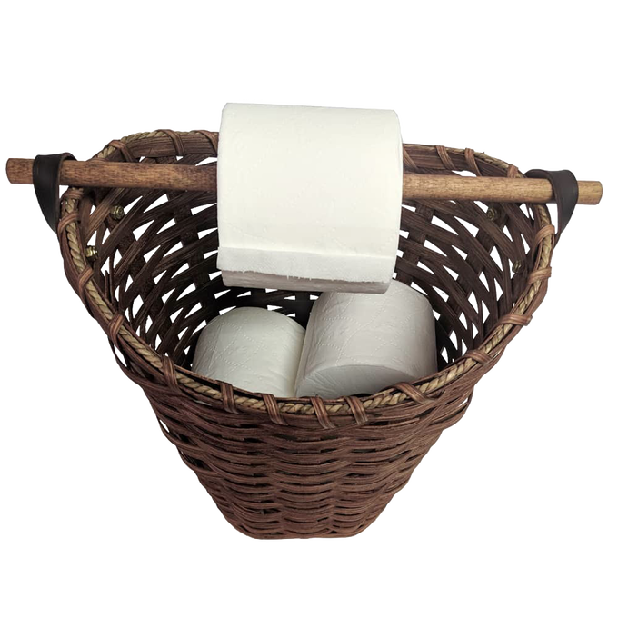 Handwoven maple wood basket with a birch dowel rod for dispensing toilet paper, handcrafted by Amish artisans in the USA, holds three rolls inside and one on the rod, ideal for Home & Decor and Household Helpers collections.