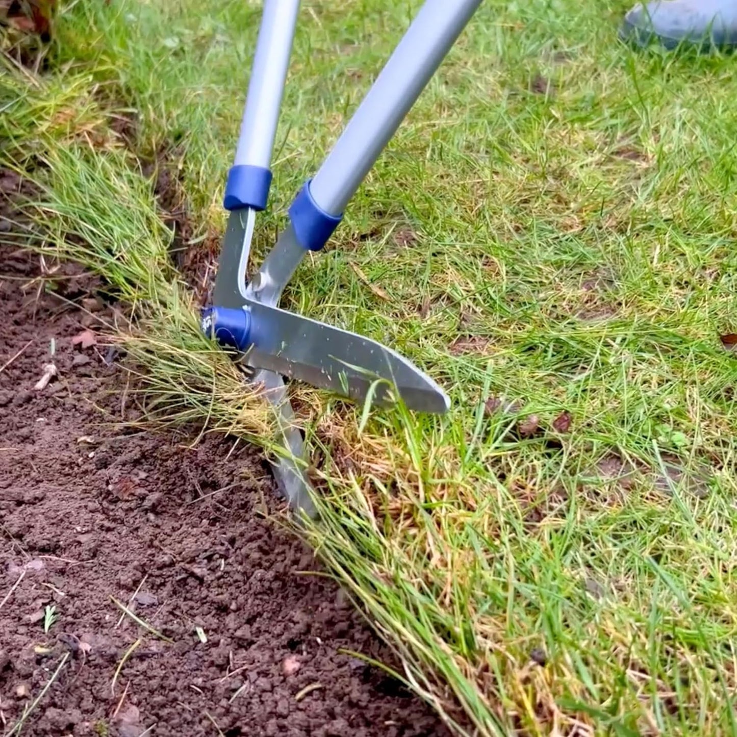 Close-up of garden edging shears with sharp steel blades and tubular handles trimming a clean edge between soil and grass in a lawncare setting, ideal for farm and garden use.