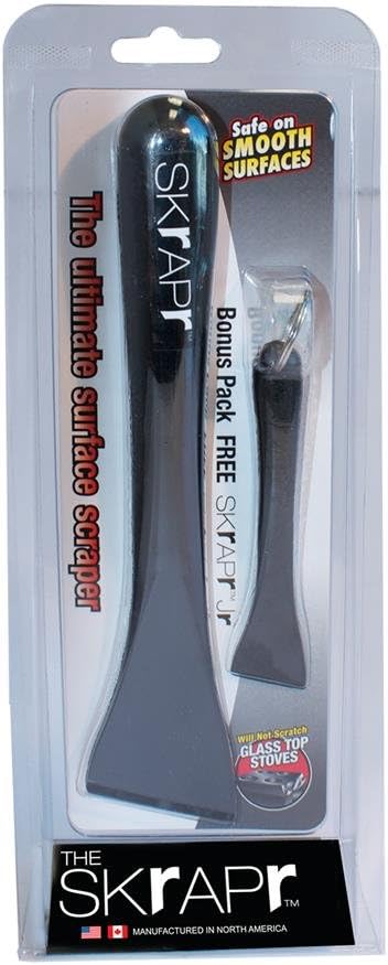 Set of two hard resin Skrapr cleaning tools designed for safe scraping on smooth surfaces including glass-top stoves, cast iron, and ceramic cookware, ideal for household cleaning and kitchen use.