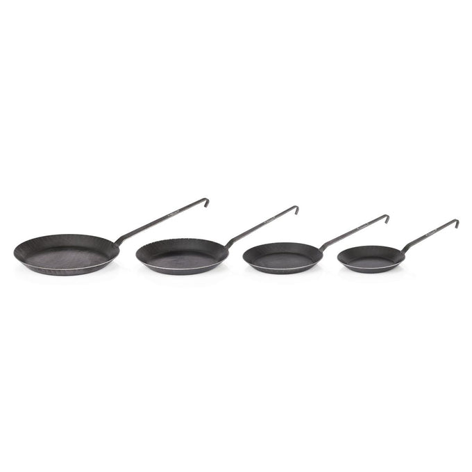 Set of four unique handcrafted wrought iron pans with long handles, designed for versatile cooking in Farm, Garden & Tool, Kitchen & Food, Camping, Cookware, Pots and Pans, Best Sellers, and Promo Eligible collections.