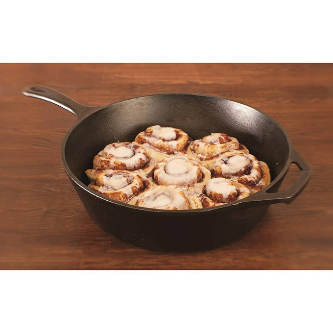 Black cast iron deep skillet with assist handle and long grip, filled with glazed cinnamon rolls, suitable for cooking, baking, and camping in Farm, Garden & Tool and Kitchen & Food collections.